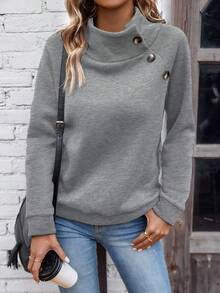 SHEIN LUNE Áo nỉ tay raglan cổ cao đơn giản, màu trơn, dễ mặc, đi làm hàng ngày dành cho nữ, mùa thu/đông - Xám - Xem 3