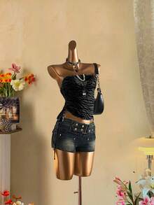 Attitoon 女式休闲斑马纹抽绳系带短款吊带背心，春夏季时尚 - 深灰色 - 查看 3