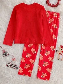2件套少女红色雪人印花休闲舒适长裤和长袖睡衣套装 - 紅色 - 查看 2
