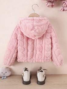 SHEIN Genkimix Kids 少女休闲毛绒夹克，粉色，前拉链，心形图案，秋冬连帽开衫