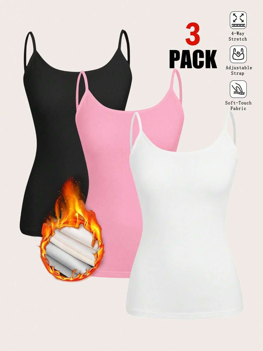 SHEIN EZwear 3件套女士休闲优雅纯色加厚吊带背心，黑色/白色/粉色 - 彩色 - 查看 1
