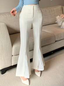 DAZY 女式优雅纯色蕾丝拼布喇叭裤 - 米色 - 查看 3