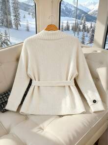 Franclia Plus Size Women Fashion Versatile Elegant Tie-Up Long Sleeve Button Knit Cardigan - Apricot - View 2