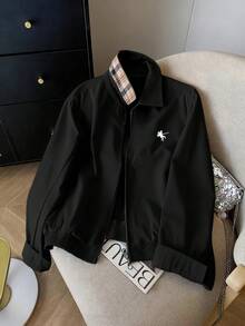 Airaco 休闲宽松拉链撞色图案印花长袖夹克 - 黑色 - 查看 3