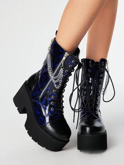 Grunge Punk Women's Fashion Navy Blue Double Zipper Thick Sole Mid-Calf Boots, Gothic Punk-Style Motorcycle Boots With Contrast Color, Sexy Metal Chain Decor Comfortable Side Zipper Ankle Boots, Halloween