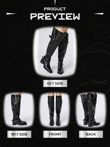 ROMWE Goth Women's Thigh High Boots 2025 New Fashion Autumn Winter Pointed Toe Thick Heel PU Leather Black Dual-Wear Buckle Strap Riding Boots For Christmas - Black - View 6