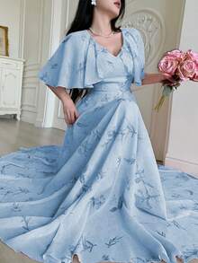 Modelyn 女式 V 领斗篷设计束腰飘逸花卉印花雪纺连衣裙 - 藍色 - 查看 6