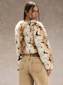 SHEIN Glamour 米色尖领短款狐狸夹克 - 棕色 - 查看 2