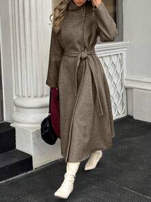 Xyvia Autumn And Winter Women's Casual High-Neck Button Belt Long Woolen Coat, Old Money Style Women's Clothing/Women's Office Wear/Outing Wear, Women's Autumn Clothing - Brown - View 4