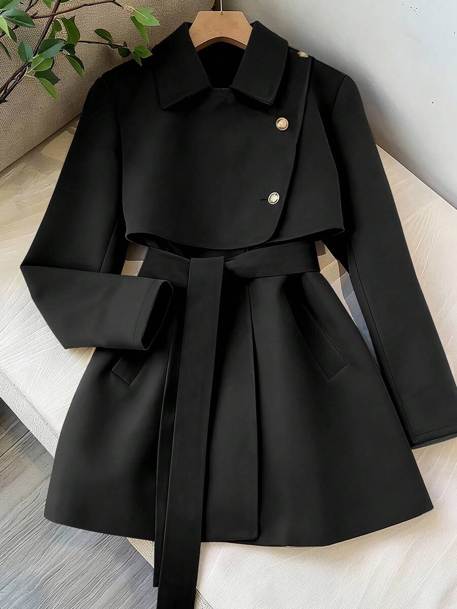 Franclia 时尚法式复古H型腰带收腰翻领驼色女秋冬风衣