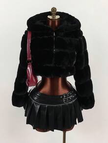 Y2K Amplova Women's Solid Color Long Sleeve Zip-Up Hooded Faux Fur Trim Short Jacket, Winter, Autumn/Winter Thanksgiving And New Year Party Dress - Black - View 1