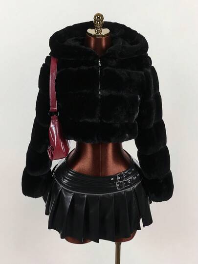 Amplova 女式纯色长袖拉链连帽人造毛皮饰边短款夹克，冬季