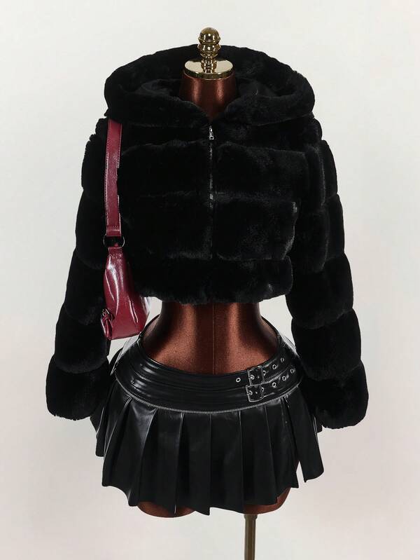 Amplova 女式纯色长袖拉链连帽人造毛皮饰边短款夹克，冬季