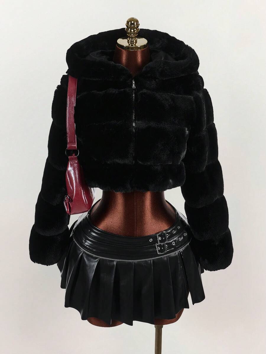Y2K Amplova Women's Solid Color Long Sleeve Zip-Up Hooded Faux Fur Trim Short Jacket, Winter, Autumn/Winter Thanksgiving And New Year Party Dress - Black - View 1