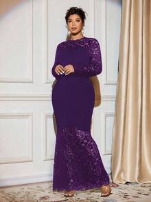 Cravure Women's Plus Size Knitted Elegant Wrap Bodycon Dress Sleeves Spliced Lace Lantern Sleeves Hem Spliced Triangle Lace Evening Dress Lace Dress Bodycon Dress - Purple - View 6