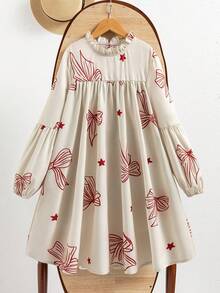 少女休闲可爱圣诞蝴蝶结连衣裙，适合家庭聚会 - 彩色 - 查看 4