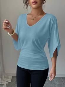 Elenzga Women's Solid Color Mid-Sleeve Cinched Waist Ruched Batwing Sleeve V-Neck Short Sleeve T-Shirt - Blue - View 5