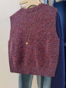 GlowEve 女士休闲日常圆领宽松针织毛衣背心，秋冬 - 中紫紅色 - 查看 2