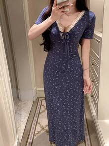 DAZY Floral Contrast Lace Trim Waist Maxi Nightgown For Women - Navy Blue - View 1