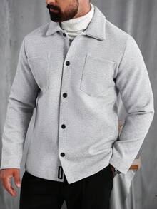 Manfinity CasualCool Jaket Kasual Pria Lengan Panjang Kancing Tunggal Warna Polos dengan Saku, Musim Gugur/Dingin - Light Grey - View 4