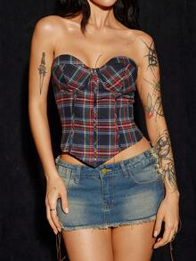 SHEIN ICON 女士复古格子抹胸上衣 - 酒紅色 - 查看 4