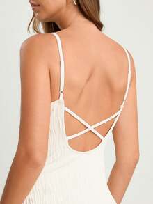 CAJUNI Solid Textured Sleeveless Criss-Cross Backless Slip Bodysuit, Beige Swimsuit, Modest One Piece Swimsuit, Cream One Piece Swimsuit, Ribbed One Piece Swimsuit, Textured Swimsuit, Summer Bodysuit - White - View 2