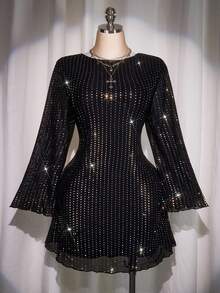 SHEIN ICON Paillettenkleid mit drapiertem Ausschnitt, rückenfreiem Design und Glockenärmeln, A-Linie, Partykleid, elegantes Abendkleid, geeignet für Weihnachten, Halloween - Schwarz - Übersicht 1