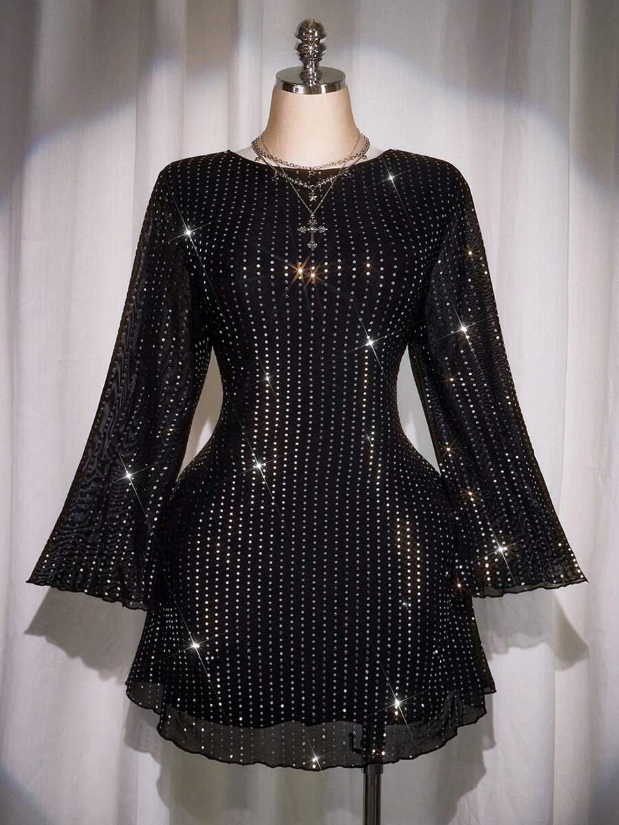 SHEIN ICON Paillettenkleid mit drapiertem Ausschnitt, rückenfreiem Design und Glockenärmeln, A-Linie, Partykleid, elegantes Abendkleid, geeignet für Weihnachten, Halloween - Schwarz - Übersicht 1