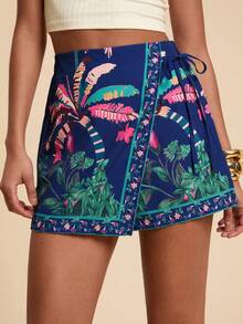 Travachic 女士棕榈树印花侧系腰短裤，热带风情短裤，时尚沙滩装，休闲度假装，夏季假日装，春假装，派对装，海滩装，春季装，情人节装，狂欢节装扮装，优雅花卉图案，狂欢节装，春夏过渡装，派对装，墨西哥风情短裤 - 彩色 - 查看 3