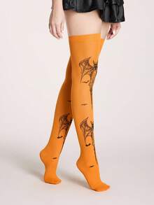 ROMWE Goth 1 par de medias por encima de la rodilla con estilo gótico de murciélago y color naranja - Naranja - Ver 4