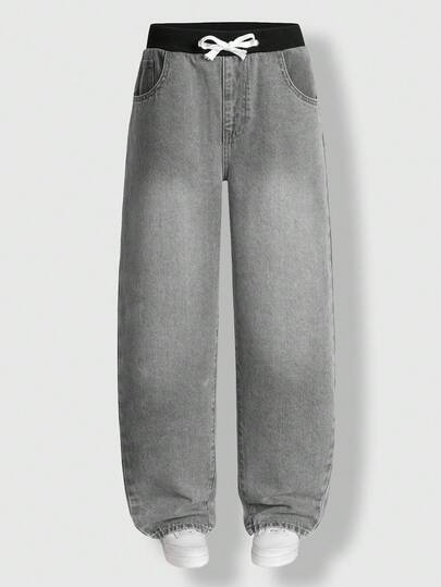 SHEIN Tween Boys' Distressed Individuality Simple All-Match Versatile Full Horse Ripped Fashionable Street Funny Wind Comfortable Straight Leg Jeans