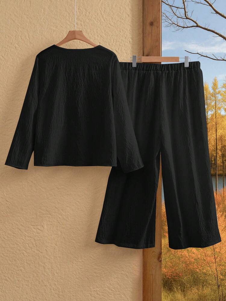 2pcs Plus Size Women Fall/Winter Country  Casual Vacationl SolidTextured Round Neck Single Breasted Decor Long Sleeve And Pants Plus Size Two Pieces Set,Autumn/Winter,Going Out Outfits,2025 New Clothes,Simple And Fashionable For Everyday Wear, Plus Size Winter Clothes, Christmas Outfit For Women ,New Year Clothes,Thanksgiving Outfit For Women ,