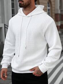 Manfinity CasualCool White Knitted Fabric Men's Hoodie Regular Length Long Sleeve Plain Pattern Comfortable And Men's Casual Basic Drawstring Hooded Sweatshirt White Hoodie Mens Hoodie Men Hoodie - White - View 4