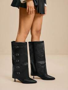 Daringsoles 时尚百搭休闲纯色尖头及膝靴，适合日常外出，秋冬 - 黑色 - 查看 2