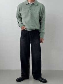 DAZY Men's Solid Color Polo Neck Long Sleeve Casual Sweater, Autumn - Green - View 4