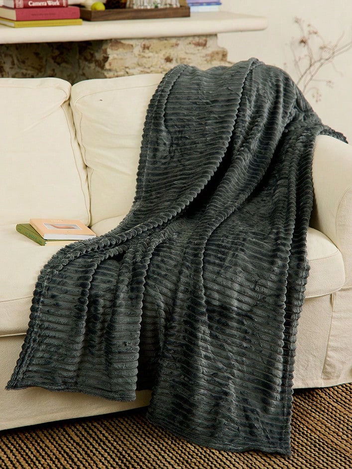Cirelle 1pc Deep Gray Stripe Sherpa Fleece Soft & Cozy Throw Blanket, Suitable For Bedroom And Guest Room - Dark Grey - View 1
