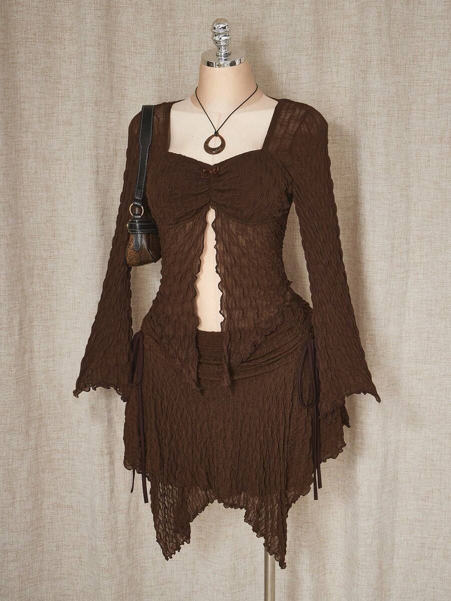 SHEIN ICON 女士加大码 Y2K 复古性感波西米亚千禧风甜心领前开衩尖下摆喇叭袖透视上衣多层不对称下摆侧边褶皱棕色针织纹理面料套装 - 棕色 - 查看 1