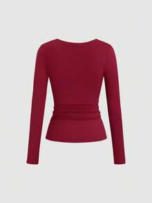 Sweetra Áo thun nữ tay dài cổ tròn họa tiết sọc nâu Y2K phong cách retro thập niên 2000, trang trí khóa cài, ôm sát, thoải mái - Màu Đỏ Sâu - Xem 2