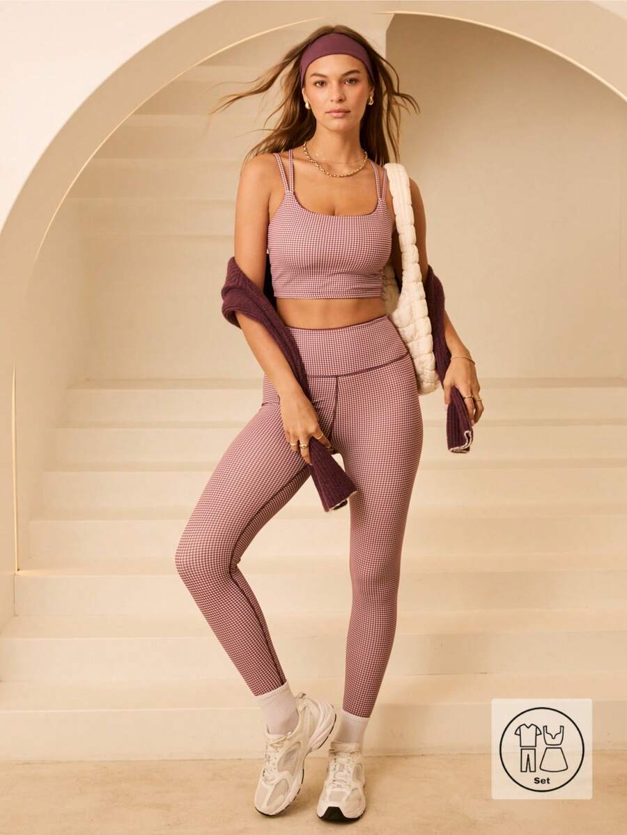 Aralina Leisurewear 格子印花双肩带吊带上衣和高腰紧身裤两件套活力健身套装 - 彩色 - 查看 1