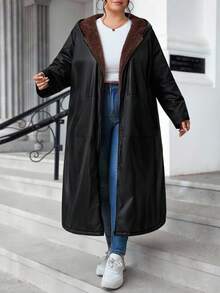 SHEIN CURVE+ Plus Size Front Zipper Long Sleeved Pocket Minimalist Black  Fabric Hooded Jacket, Casual Daily Autumn And Winter Wear, Autumn And Winter Long Jacket - Black - View 2