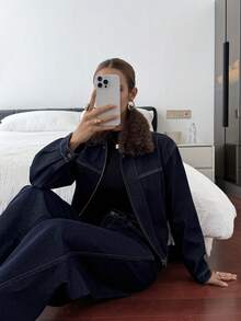 DAZY Women's Autumn/Winter Thermal-Lined Colorblock Turndown Collar Loose Casual Jacket With Large Pockets, Outdoor Streetwear, And Wide-Leg Jeans Set - Dark Wash - View 4