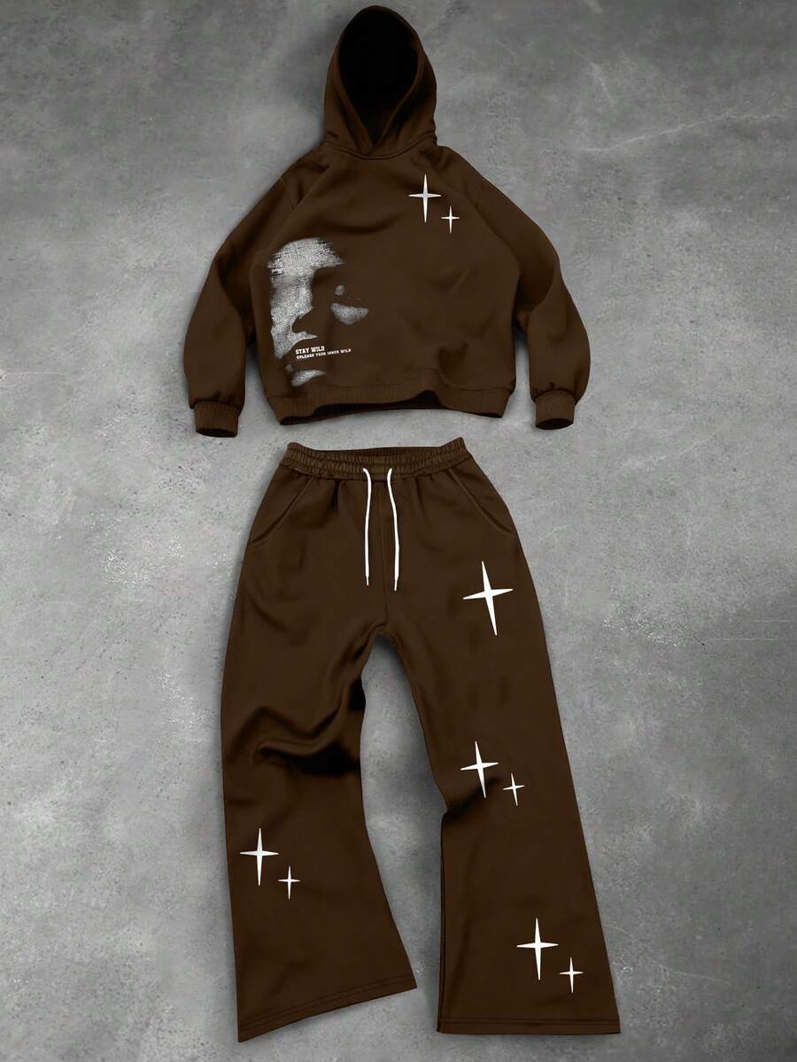 PAVTROS 2 件男士脸部和字母印花休闲连帽衫和运动裤套装，适合室内和室外，秋季服装 - 棕色 - 查看 1