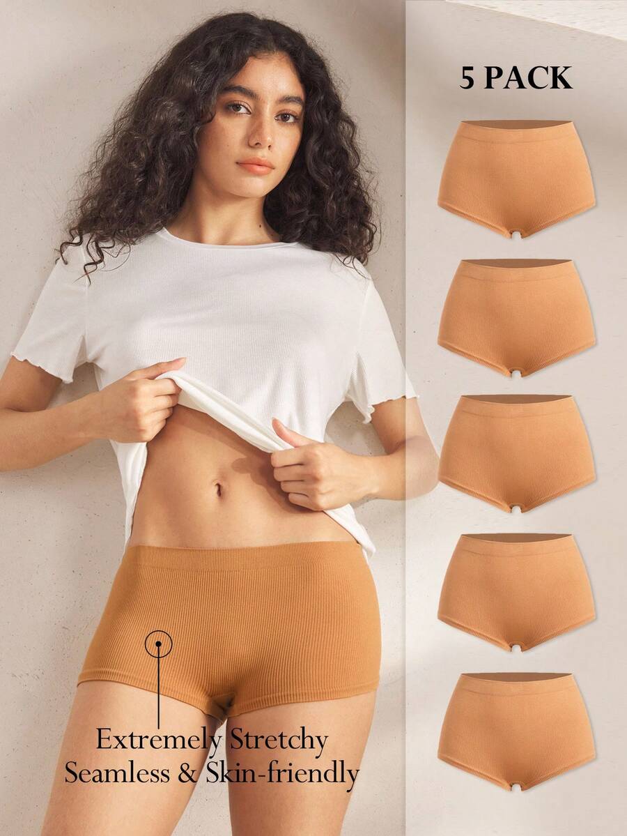 Ocili 5pcs/Pack Seamless Mid-Waist Briefs, Leisure Minimalist Comfortable Underwear