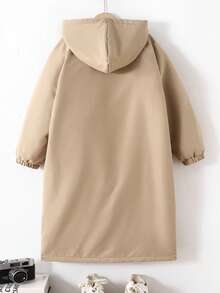 SHEIN 青少年女孩宽松休闲简约舒适连帽蓬松衬里中长款大口袋夹克 - 卡其色 - 查看 2