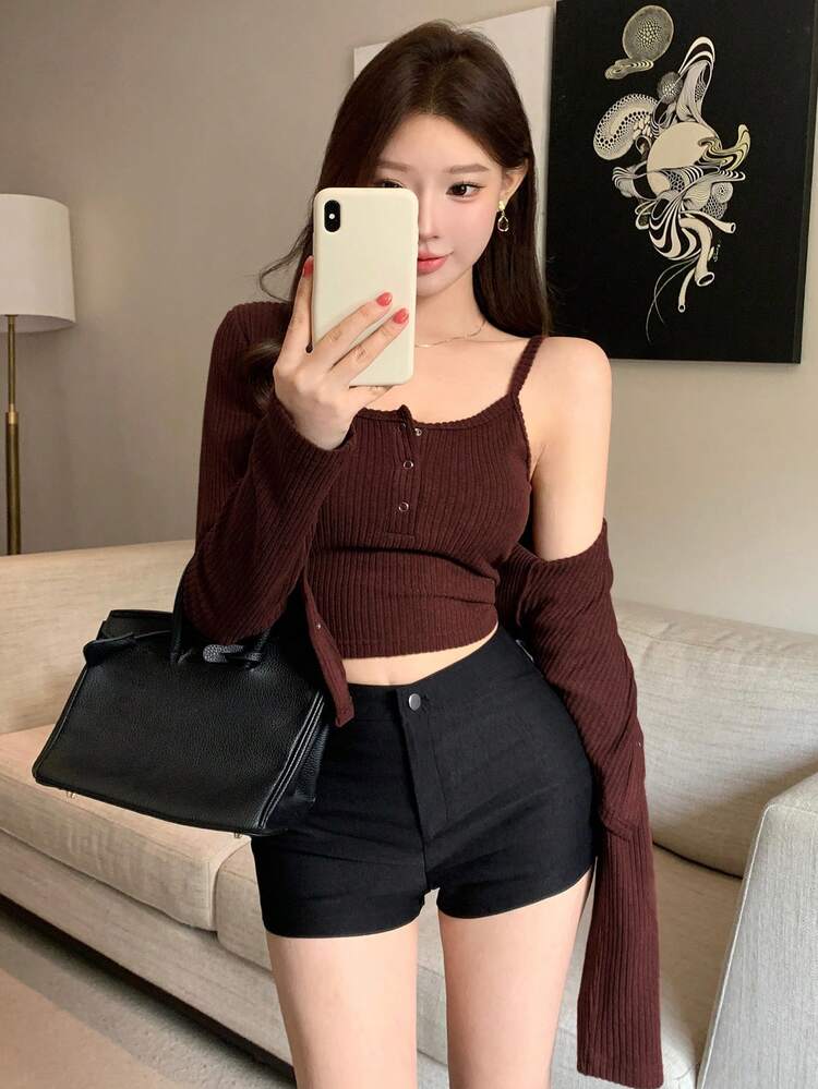 2pcs Women's Berry Color Fuzzy Camisole Top And Short Cardigan Set, Suitable For Autumn, Winter, New Year, Christmas, Spring Long Sleeve Women