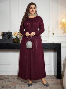 Modelyn 大码女式优雅亮片腰部收腰长款派对连衣裙，春秋季 - 酒紅色 - 查看 3