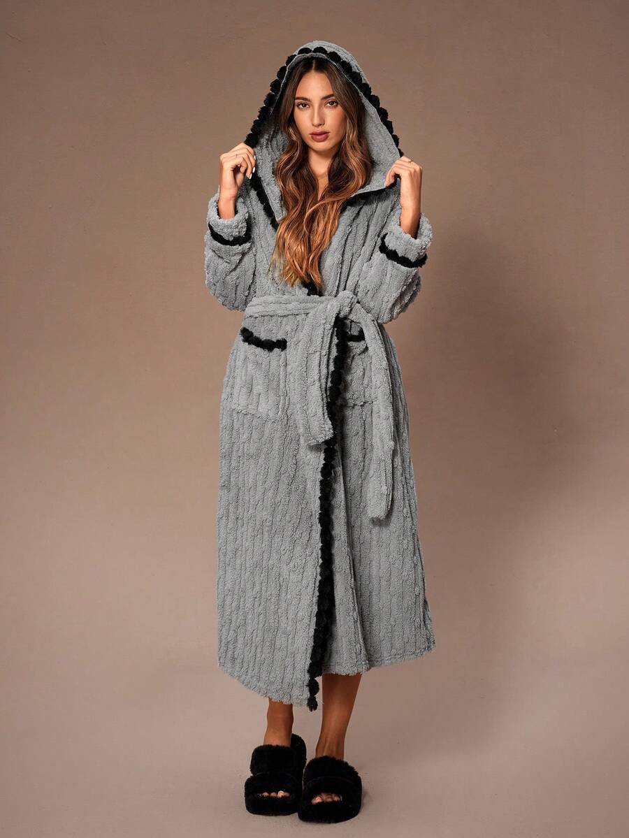 SHEIN Contrast Color Pom Pom Hooded Jacquard Fleece Cozy Robe For Women Cozy Robes For Women Fluffy Women Cozy Robe Light Cozy Robe Cozy Robe Set - Light Grey - View 1