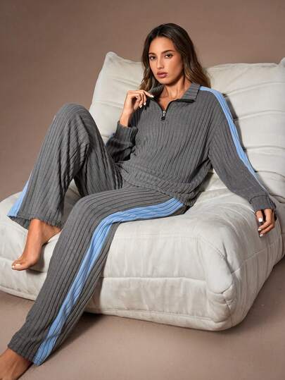 Lazeform Women's Casual Color Block Patchwork Half Zip Collar Long Sleeve Top And Wide Leg Pants Loungewear Set Grey Pajama Set Lounge Set Women Fall Pajamas Women Long Sleeve Lounge Set Women Lounge Set, Winter Clothes