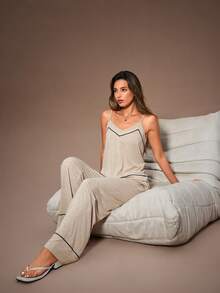 Lazeform 女士睡衣套装，撞色滚边吊带背心搭配阔腿裤，V领设计，休闲家居服，女士家居服套装，休闲服 - 卡其色 - 查看 7