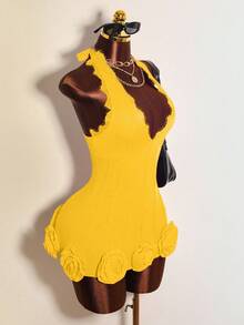 Mistrie Váy cổ yếm họa tiết hoa 3D ren tương phản gợi cảm dành cho nữ, mùa hè - Màu vàng - Xem 4